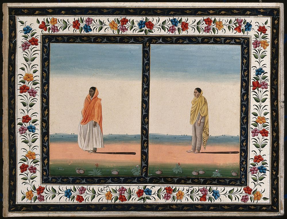 Two Indian women dressed in different costumes. Gouache painting by an Indian artist.