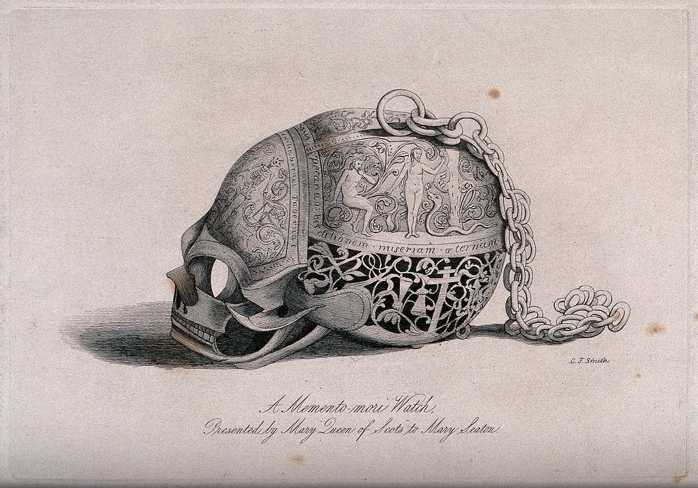 An elaborately decorated skull containing a watch and a chain. Etching.