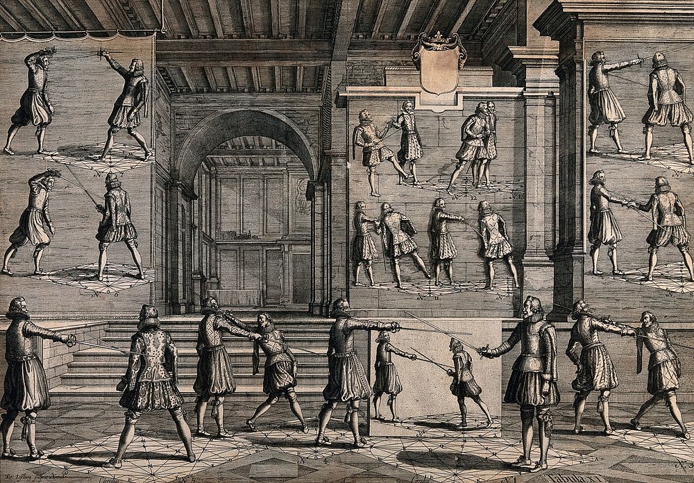 Men fencing. Engraving by P. Iselburg, 1628.