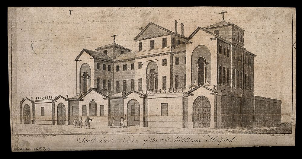 The Middlesex Hospital: seen from the south-east. Engraving by E. Rooker, 1757, after J. Paine.