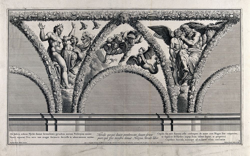 The story of Cupid and Psyche: Venus with Psyche and Cupid with Jupiter. Engraving by N. Dorigny, 1693, after Raphael.