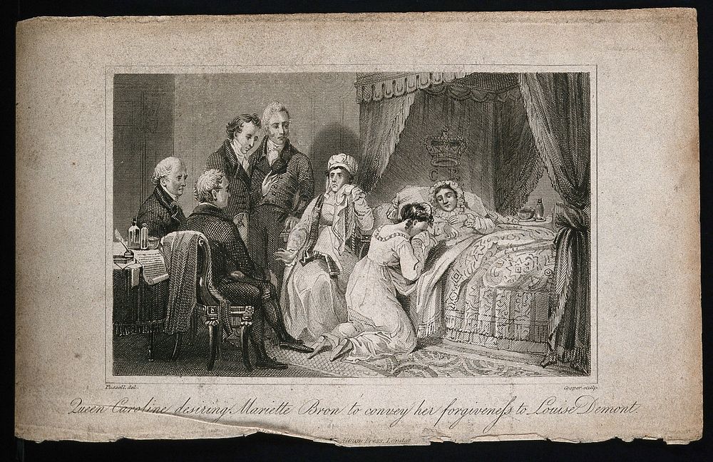 The death bed of Queen Caroline. Engraving by Cooper after Fussell, 1821.