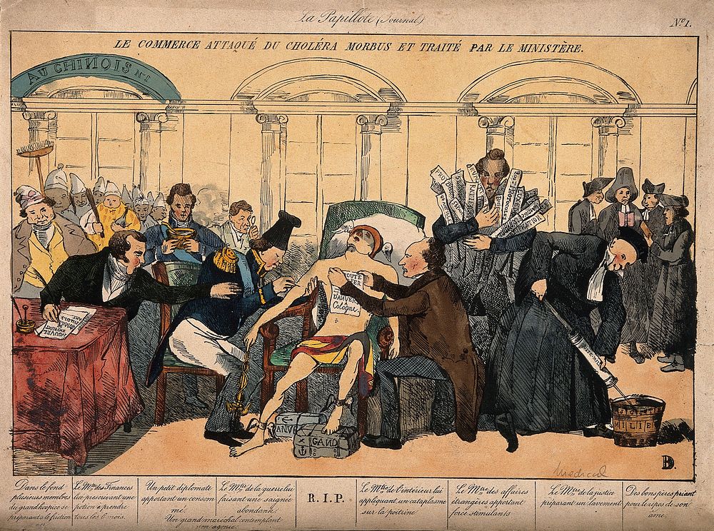 Mercury lies dying from cholera, surrounded by ministers; representing the sickly state of the French economy in the 1830s.…