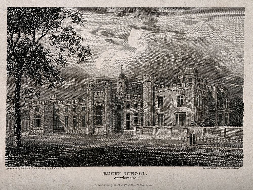 Rugby School, Rugby, Warwickshire: panoramic view. Engraving by Woolnoth, 1815, after J. Goldsmith.