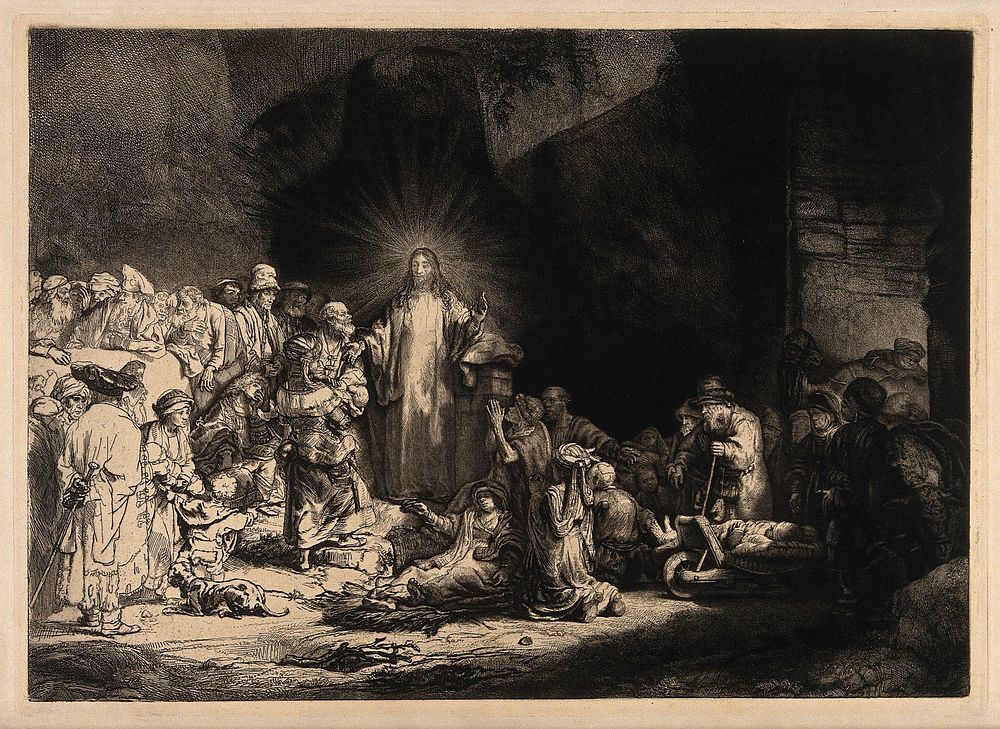 Christ among sick people and Pharisees ('The hundred guilder print'). Etching by Rembrandt, 1649.