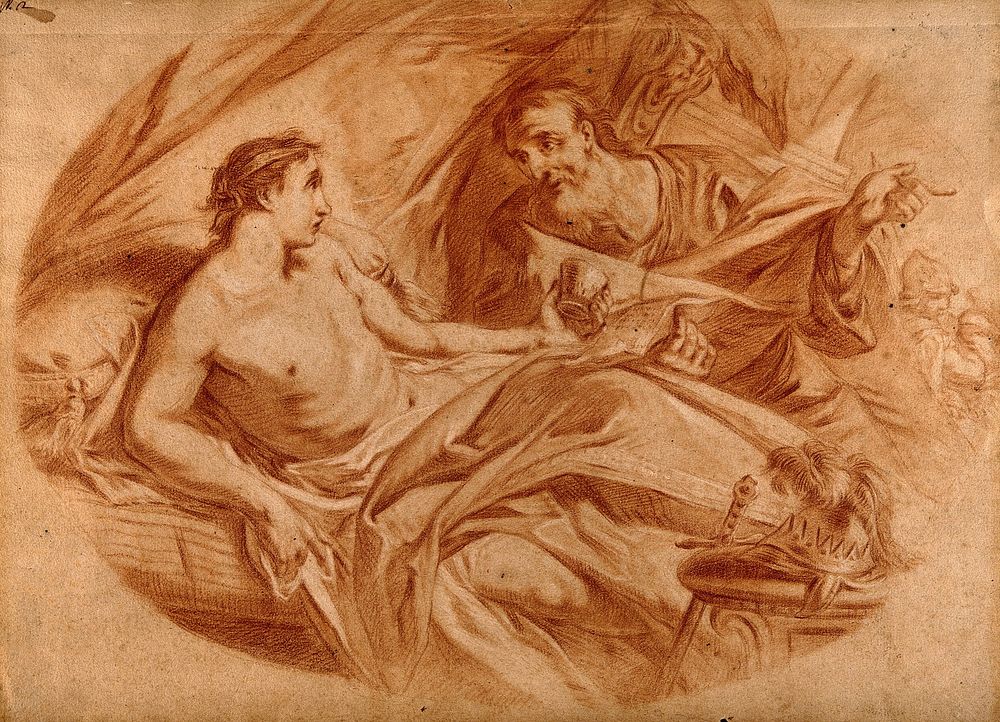 Alexander the Great discussing with Philip, his physician, a letter he received from General Parmenio accusing Philip of…