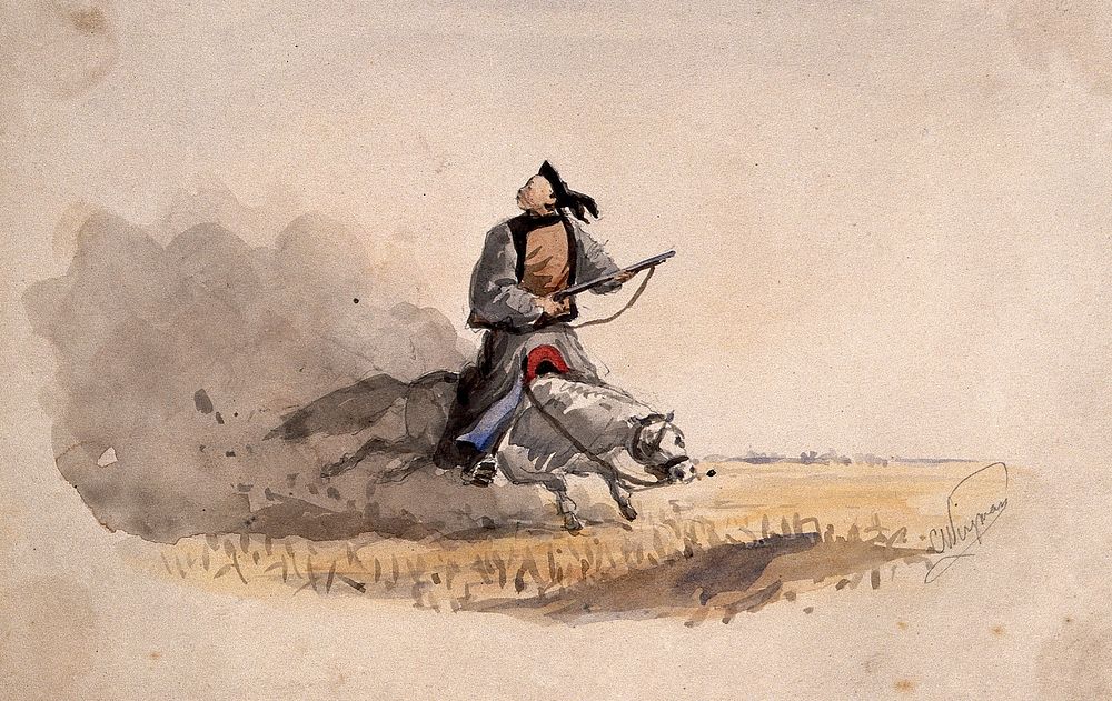 A Chinese soldier bearing a rifle, on horseback. Watercolour by C. Wirgman, ca. 1857.