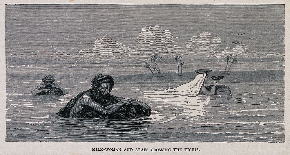 Two men and a woman crossing the river Tigris on inflated skins. Wood engraving.