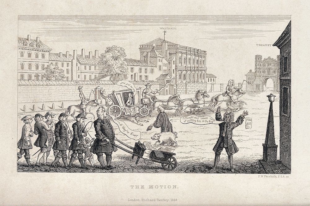 Politicians from the Opposition proceed down Whitehall to remove Sir Robert Walpole from office. Etching by F. W. Fairholt…