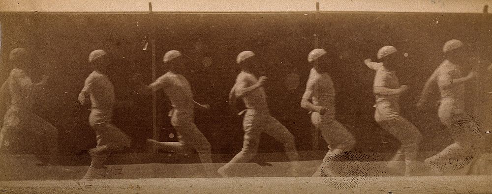 A man dressed in white, running; sequences. Photograph.