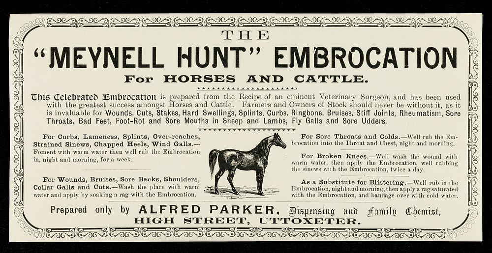 The "Meynell Hunt" embrocation for horses and cattle... / prepared only by Alfred Parker.
