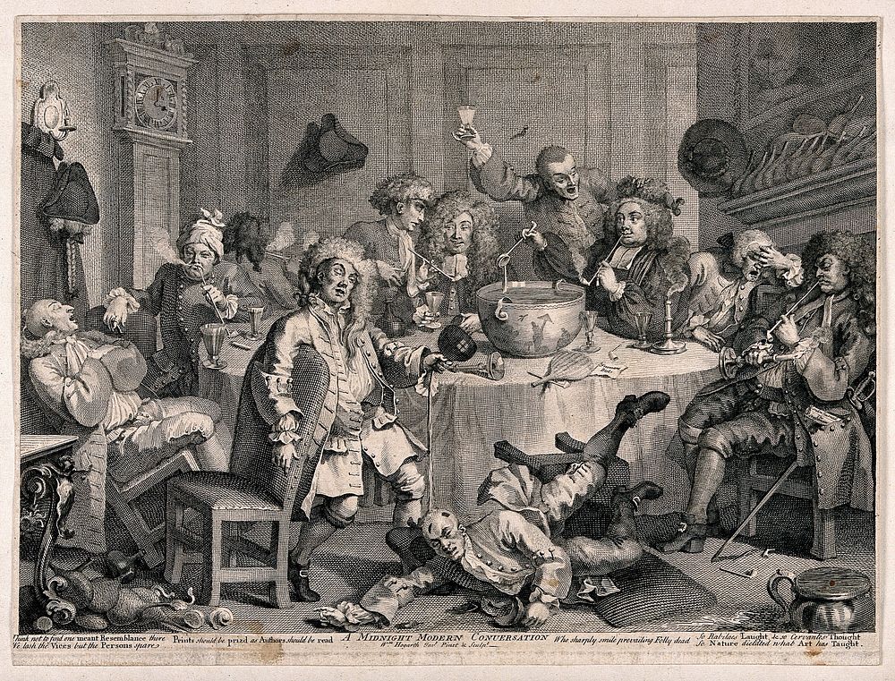 A drunken party with men smoking, sleeping and falling to the floor. Engraving by W. Hogarth, 1731, after himself.