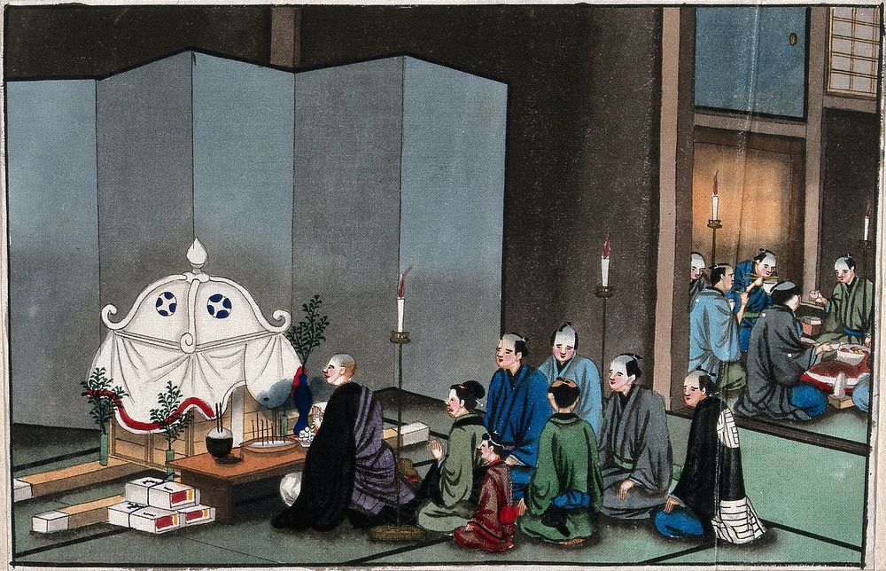 Japanese funeral customs: a Buddhist monk kneels before a coffin; mourners kneel behind him. Watercolour, ca. 1880 .