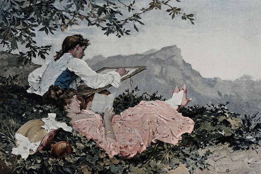 A young man sketching with a reclining woman reading beside. Reproduction after a painting by F.H. Kaemmerer.