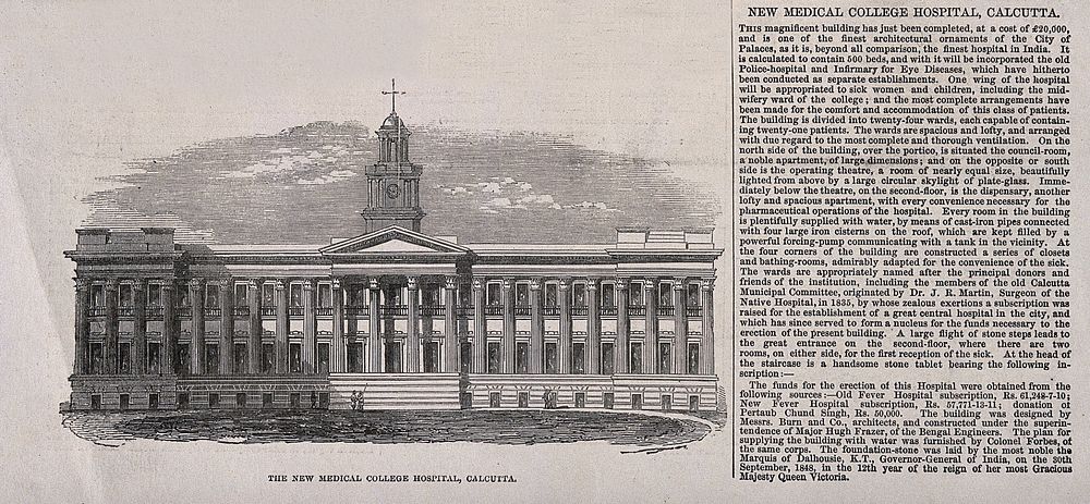 The new medical college hospital, Calcutta, India. Wood engraving, 1853.
