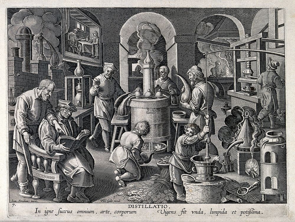 Chemists and workers operating distilling apparatus in a laboratory. Engraving by P. Galle  after J. van der Straet.