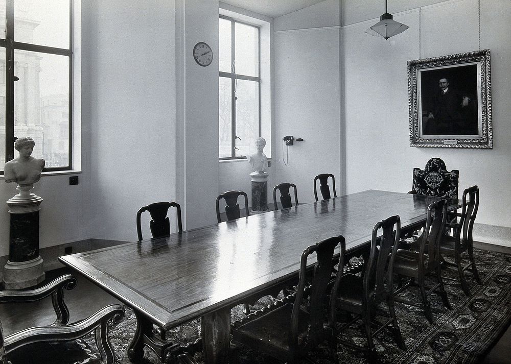 The Wellcome Foundation Ltd., Euston Road, London: a temporary boardroom in the west block of Friends House, with a view of…