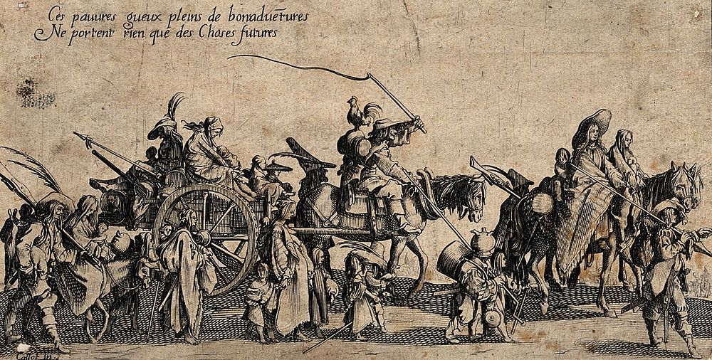 Travelling gypsies. Etching by Jacques Callot.