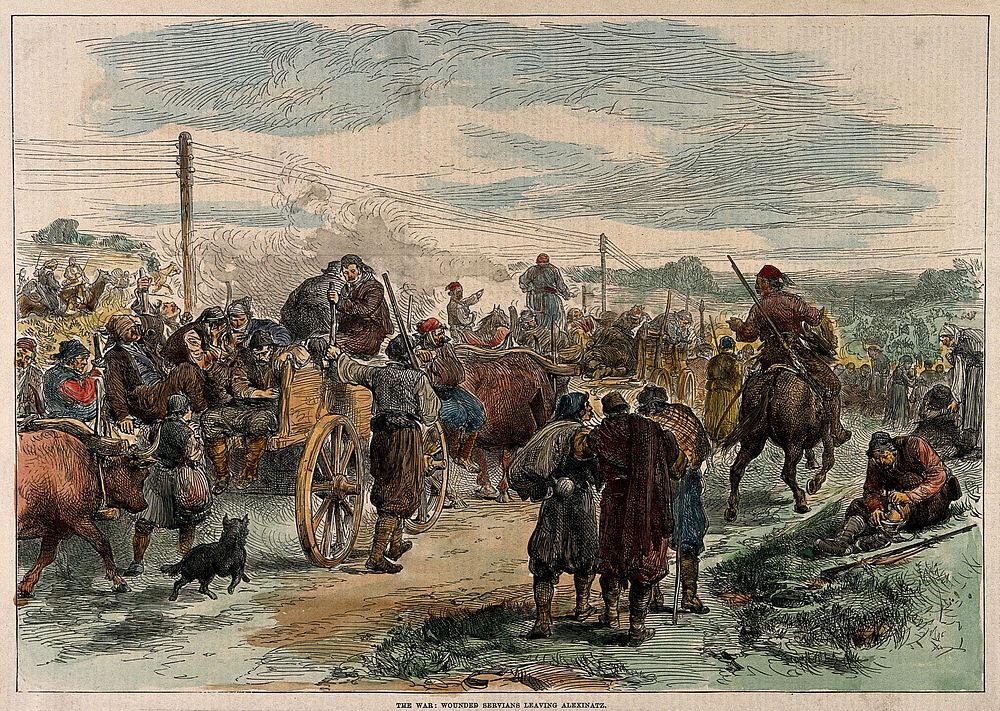 Serbo-Turkish War: wounded Serbian soldiers leaving Aleksinac. Coloured wood engraving after A.C. Corbould, 1876.