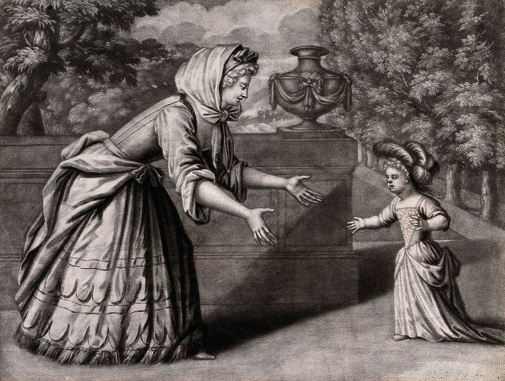 A young woman bends forward to greet the child who is running towards her. Mezzotint.