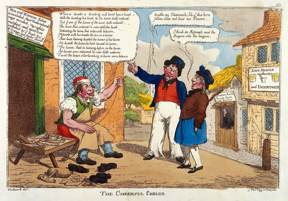 Nonsense talked by a cobbler compared to the talk of a parson and a surgeon-apothecary. Coloured etching attributed to C.…