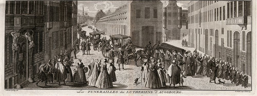 A Lutheran funeral in the city of Augsburg. Engraving by B. Picart, 1732, after Catherine Sperling.