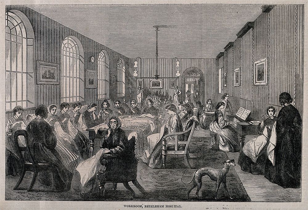 The Hospital of Bethlem [Bedlam], St. George's Fields, Lambeth: the female workroom. Wood engraving probably by F. Vizetelly…