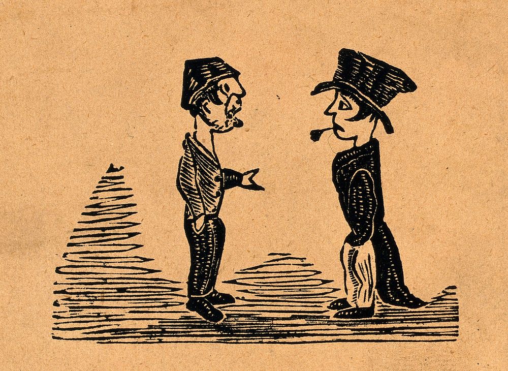 Two men face one another, one looks bemused and the other smokes a pipe upside down. Wood-engraving, mid-19th century.