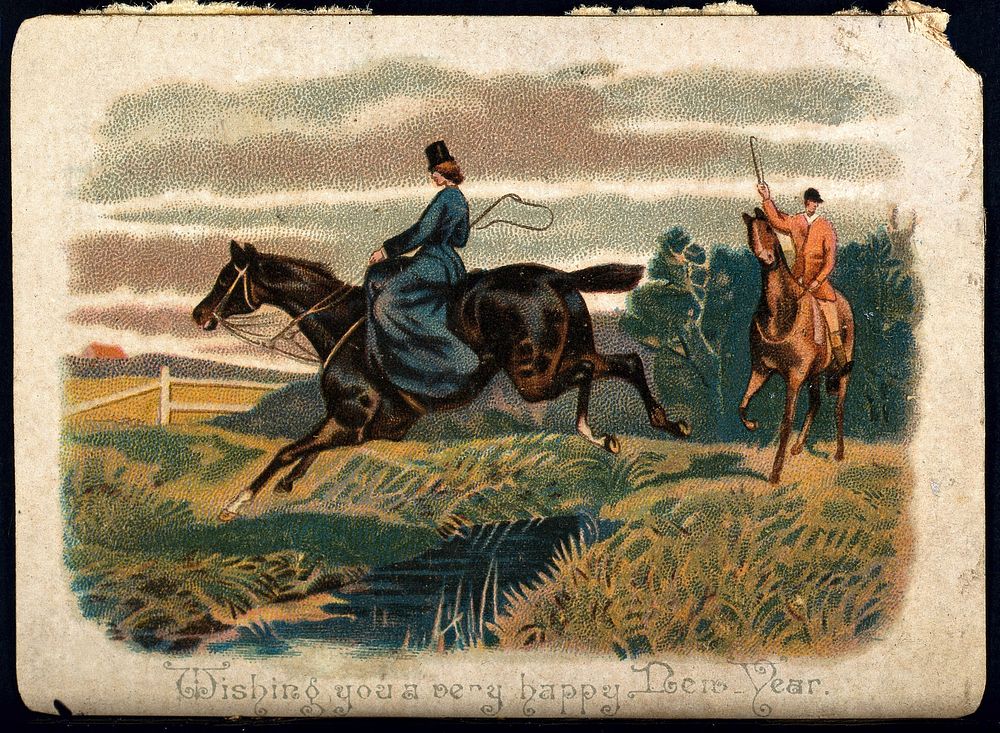 A lady jumping with her horse over a brook with a gentleman following her on his horse. Colour line block.