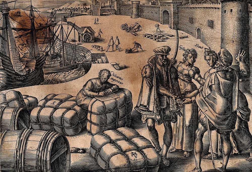A harbour in which bales of goods are being traded between two merchants: falsehood and fraud govern the transaction, aided…