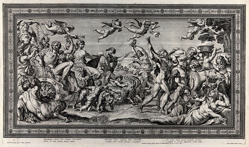 Bacchus and Ariadne on a chariot accompanied by bacchants, Silenus etc. Etching by P. Aquila after Annibale Carracci.
