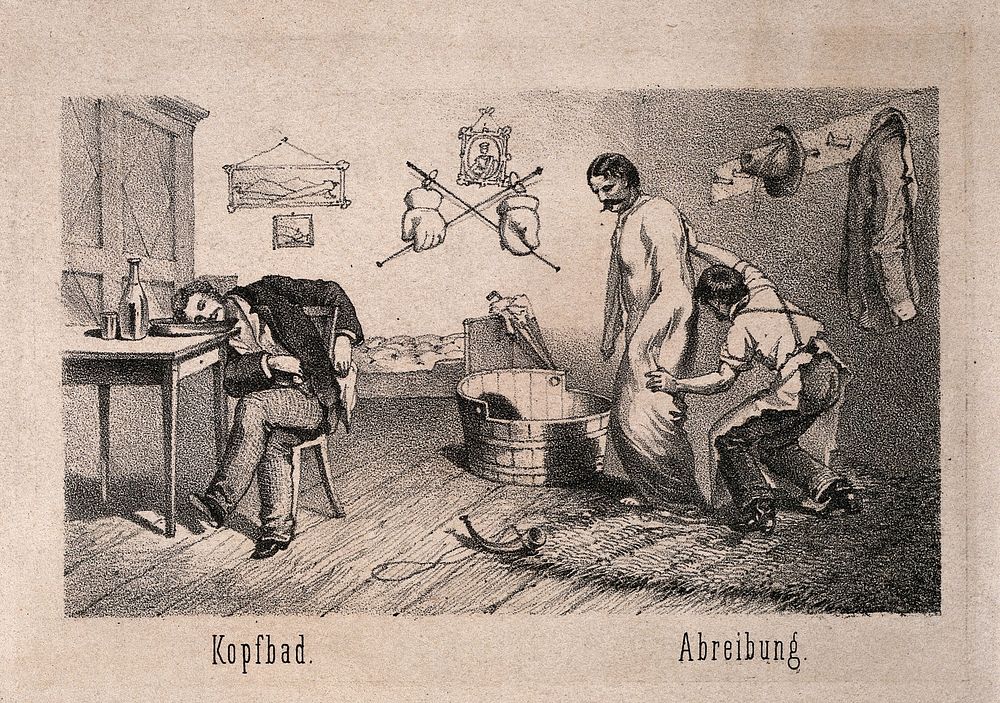Hydrotherapy: eight vignettes of different cures at Gräfenberg, Germany. Lithograph, ca. 1860.
