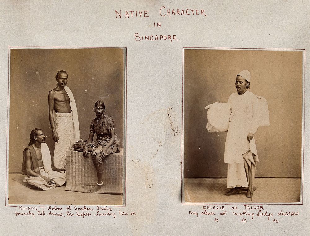 Singapore: three native people known as "klings", and one "dhirzie" or tailor. Photographs by J. Taylor, c. 1880.