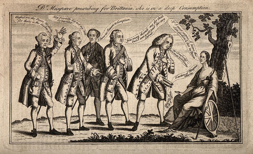 A doctor giving a woman some medicine in front of a group of disagreeing men; representing Dr. Musgrave's attempt to bring…