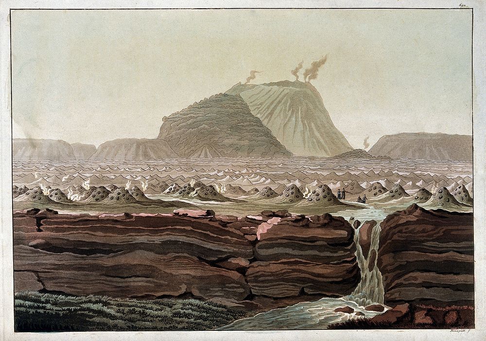 The Jorullo volcano, Mexico. Coloured aquatint by P. Fumagalli, ca. 1820.