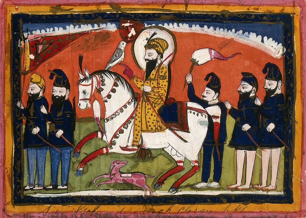 Page 53: Guru Gobind Singh on horseback with his falcon and attendants. Gouache drawing.
