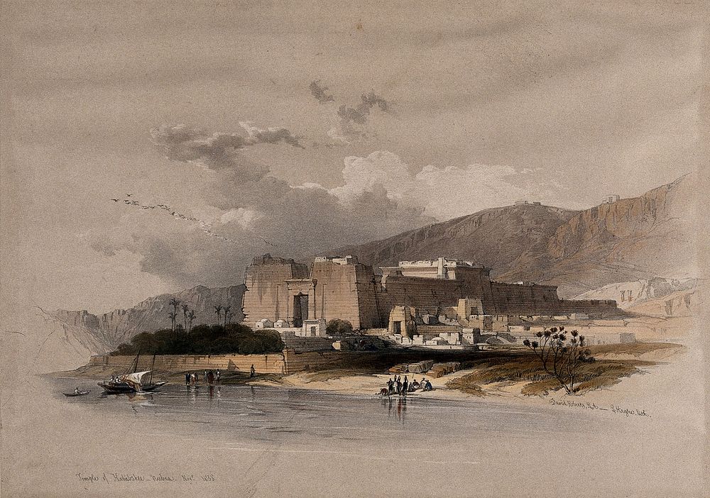 Temple of Kalabshe, ancient Nubia. Coloured lithograph by Louis Haghe after David Roberts, 1849.