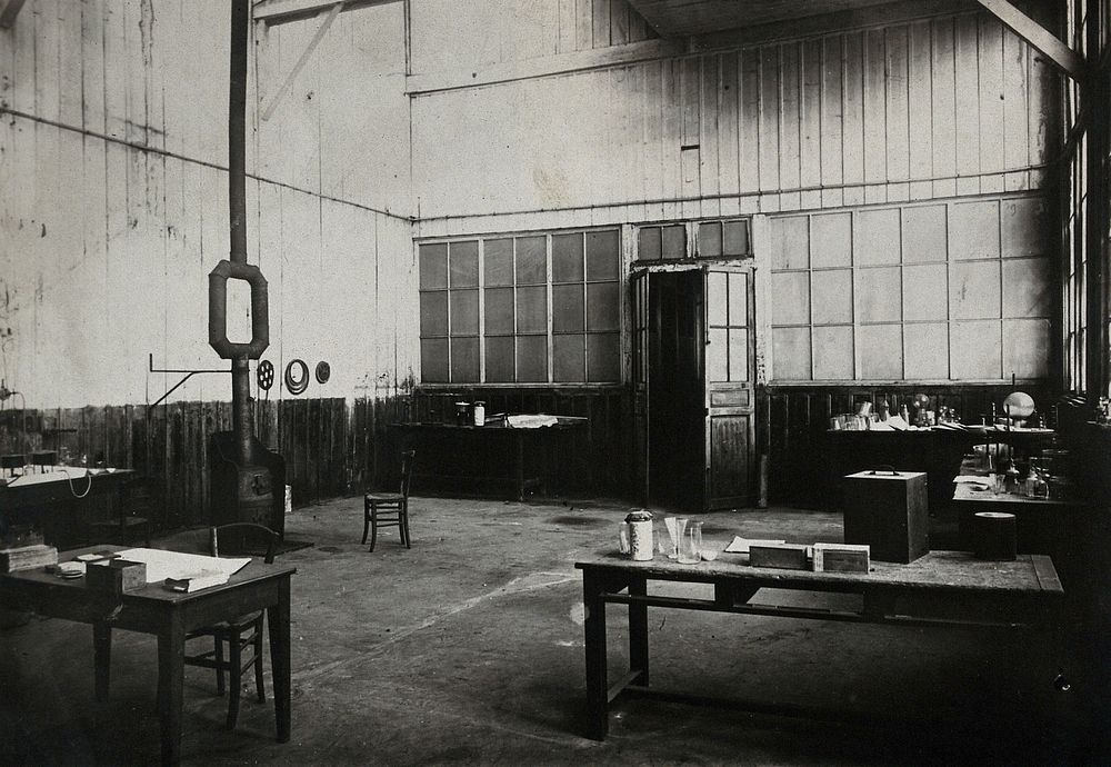 The laboratories of Marie and Pierre Curie, Paris: room where experiments on uranium ore took place. Photograph, ca. 1900.