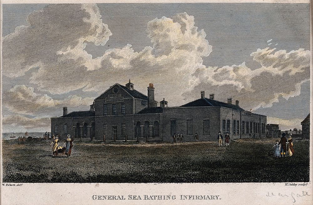 General Sea-Bathing Infirmary, Margate, Kent. Coloured line engraving by R. Ashby after W. Pickett.
