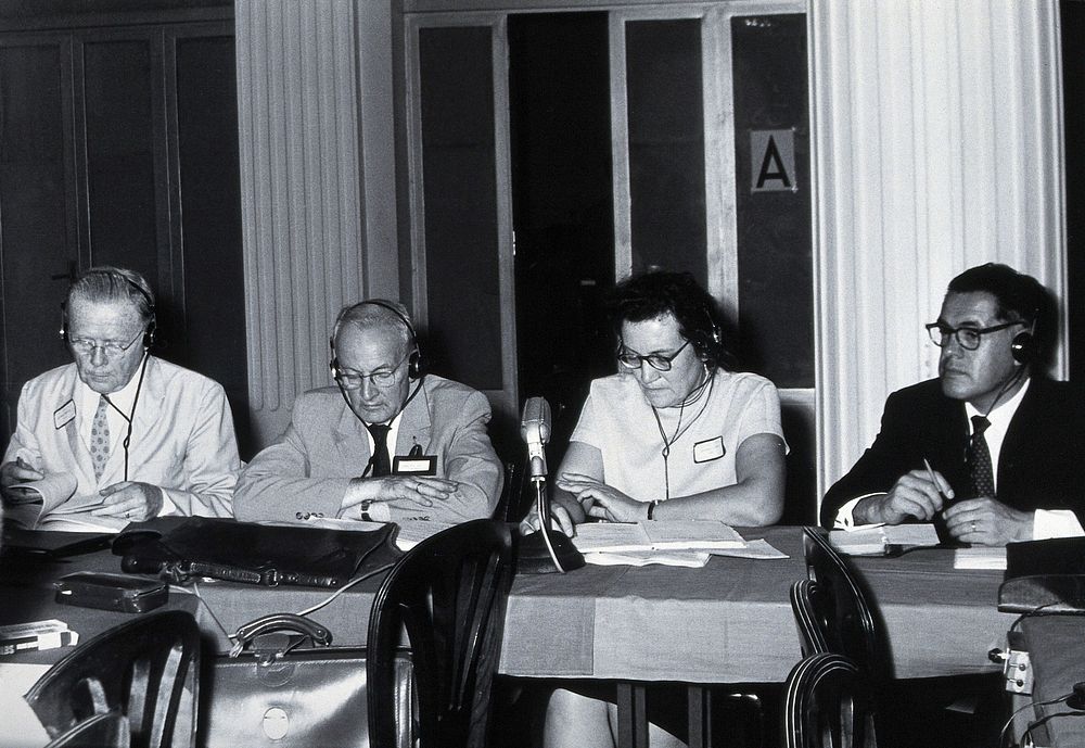 7th International Congresses on Tropical Medicine and Malaria, Rio de Janeiro: four scientists. Photograph, 1963.