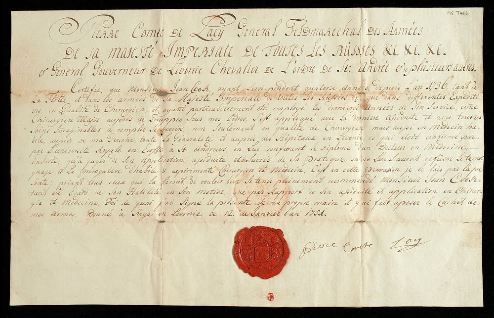 Manuscript certificate documenting, in French, Cook's service to the Russian crown, signed and sealed by Pierre Comte de…