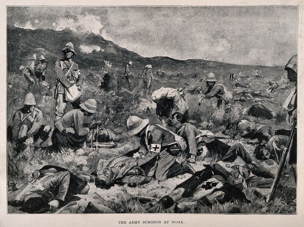 Boer War: an army surgeon at work on a battlefield where many lie injured. Halftone, c. 1900.