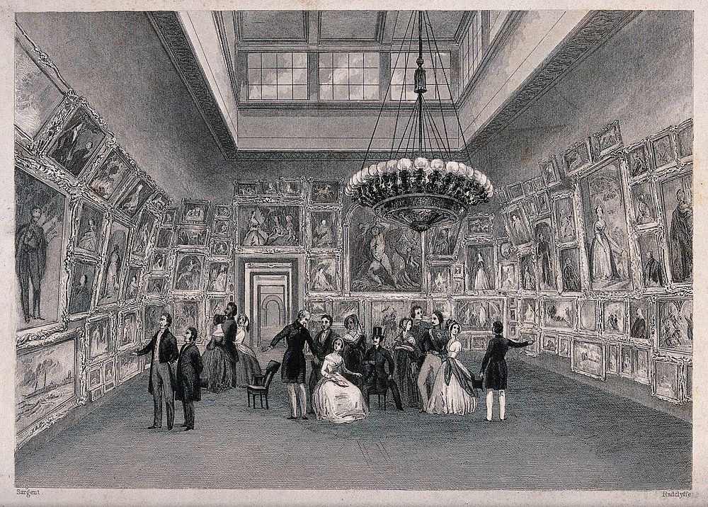 People looking at the pictures on exhibition at the Royal Academy, London. Engraving by Radclyffe after Sargent.