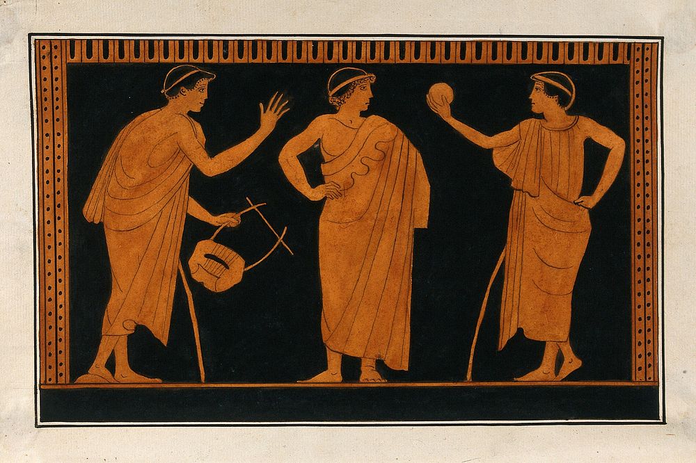 Detail of decoration of a red-figured Greek vessel showing three youths, one holding a ball, one holding a lyre .…