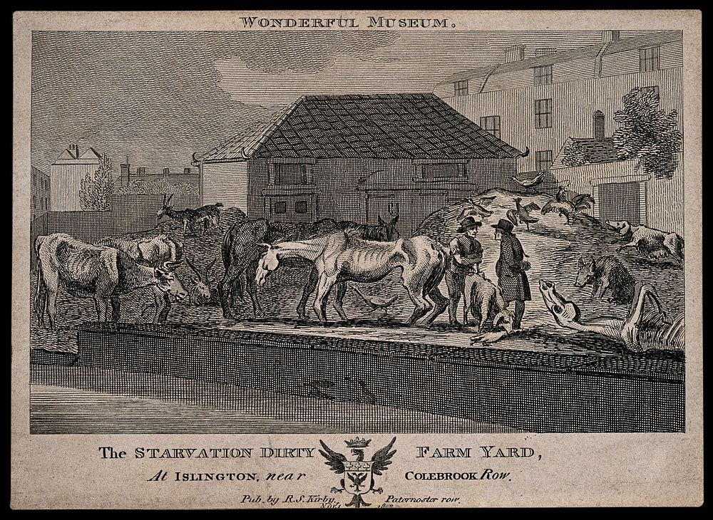 The eccentric Baron D'Aguilar and friend amidst his starving livestock. Line engraving, 1803.