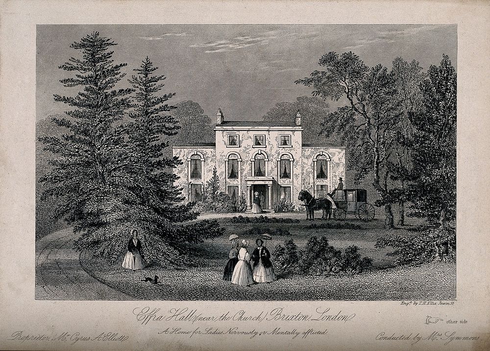Effra House, Brixton: with several patients walking in the grounds. Engraving by T. H. Ellis.