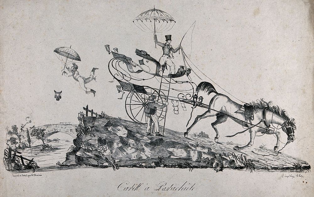 A man is balancing on the seat of a carriage with a parasol in his hand as a horse pulls the carriage and a boy floats away…
