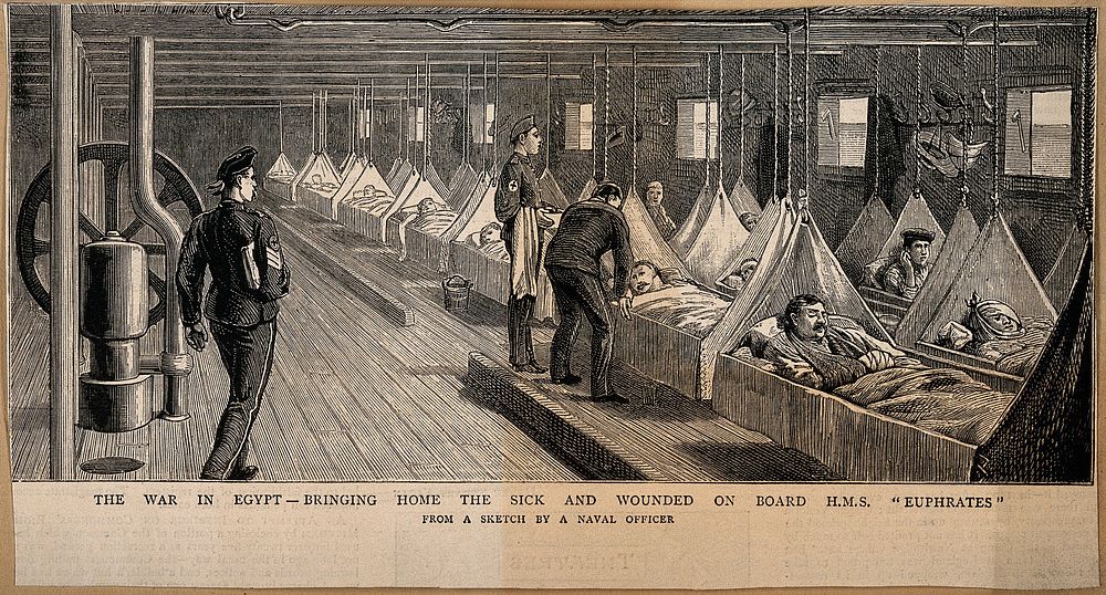 The War in Egypt: bringing the wounded home on board H.M.S. "Euprates". Wood engraving.