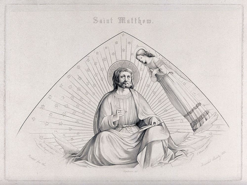 Saint Matthew writing his gospel, accompanied by an angel. Engraving by F. Vernon, 1851, after L. Kupelwieser after Fra…