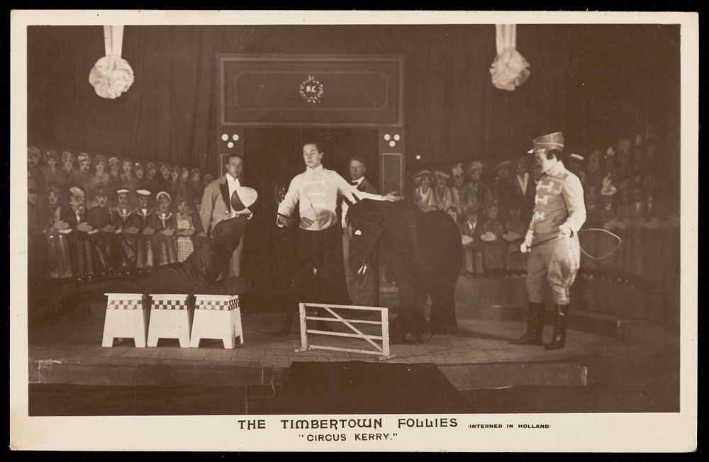 British prisoners of war performing a circus act for "The Timbertown Follies", at a prisoner of war camp in Groningen.…